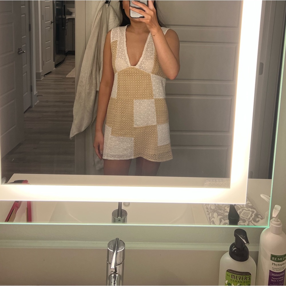 Crochet white and beige mini dress